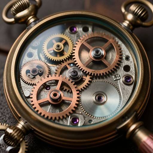 Close-up photograph of intricate, brass gears and cogs inside a vintage-style clock, with purple gemstones and a metallic, reflective background.