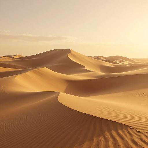 Photograph of golden-orange sand dunes at sunset, with rippled textures and soft shadows, under a bright, clear sky.