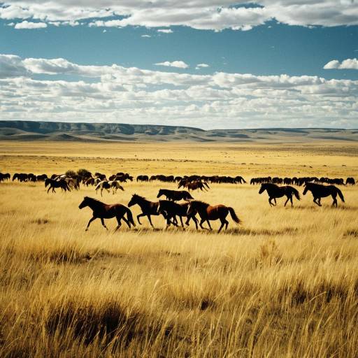 Wild Mustangs Roaming Golden Savanna