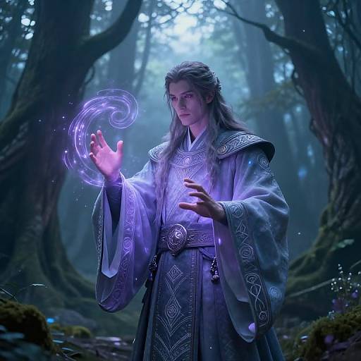 Digital fantasy artwork of a long-haired, blue-eyed man in ornate, glowing blue robes, conjuring a swirling purple light in a misty forest