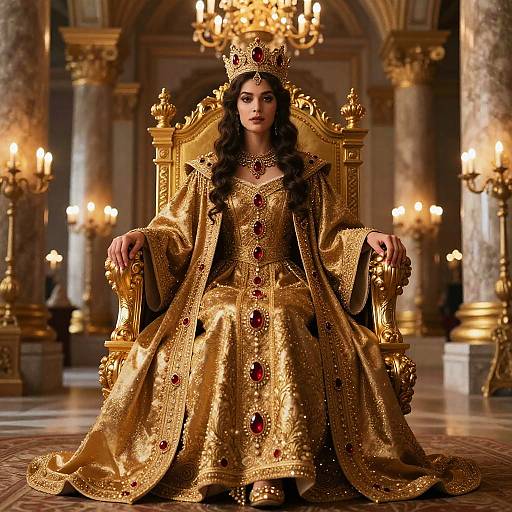 Photograph of a regal woman with long dark hair, wearing an ornate gold crown and gown with red gemstones, seated on a grand golden