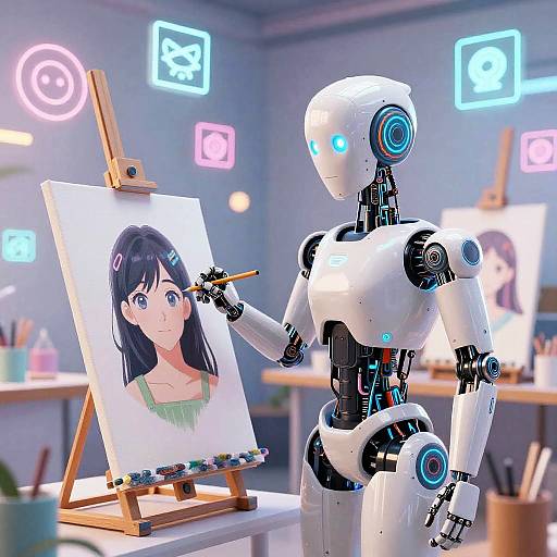 Neon-lit room: robotic artist painting anime girl portrait on canvas. Bright blue and pink neon symbols in background. Digital art style.