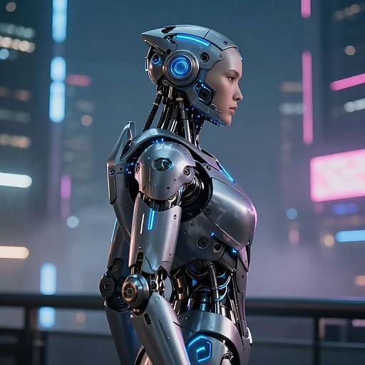 Photorealistic CGI of a futuristic female robot with metallic silver and blue accents, standing in a neon-lit cityscape at night.