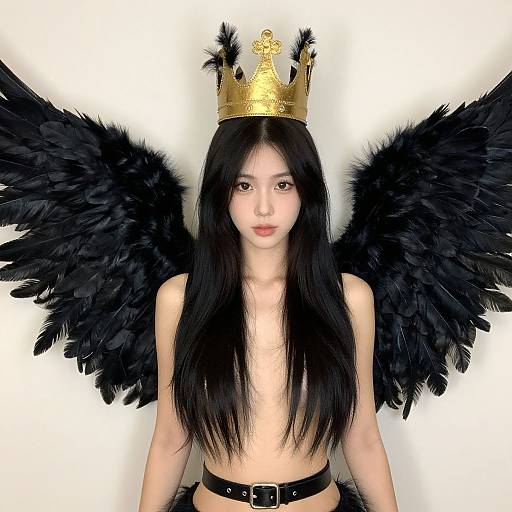 Digital artwork of an East Asian woman with long black hair, gold crown, black feathered wings, and black leather belt, against a white background.