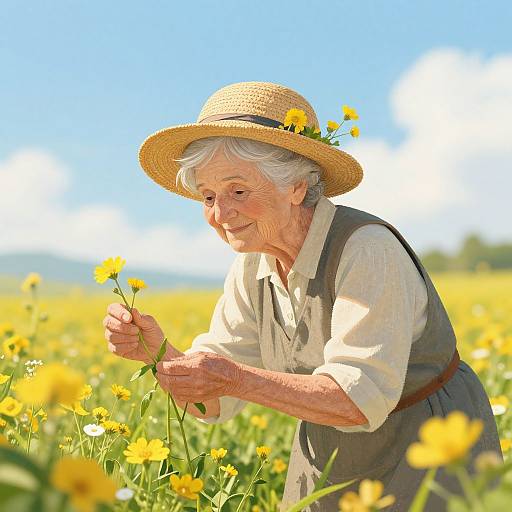 Elderly woman with white hair, straw hat, beige shirt, and gray vest, gently holding yellow dandelions in a sunny field.