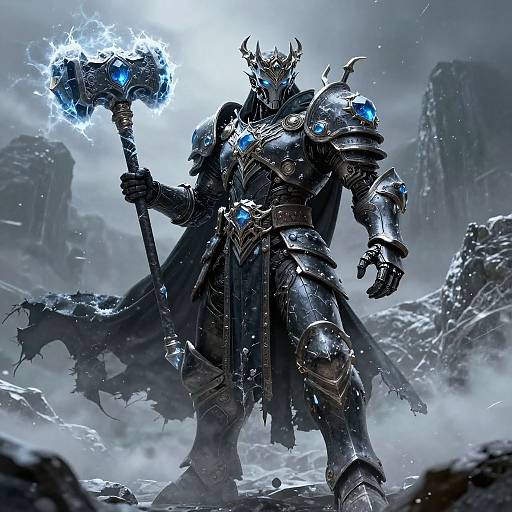 Digital fantasy artwork of a powerful armored warrior with glowing blue eyes, holding a lightning-enchanted hammer, standing in a snowy, rocky landscape.