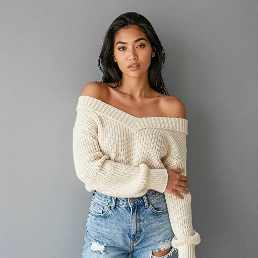 Asian Woman in Cream Sweater and Ripped Jeans