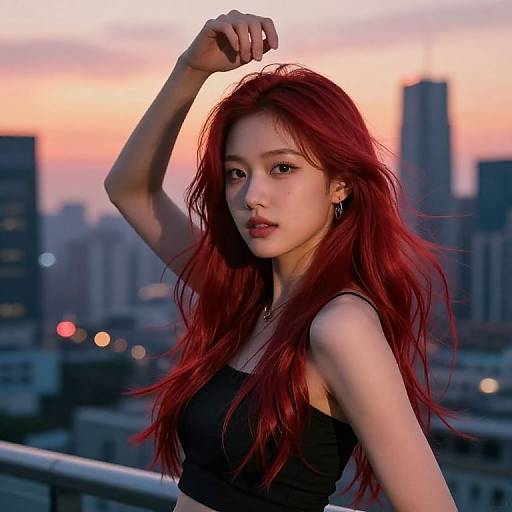 Photograph of a young Asian woman with long red hair, wearing a black crop top, posing with one arm raised against a city skyline at sunset.