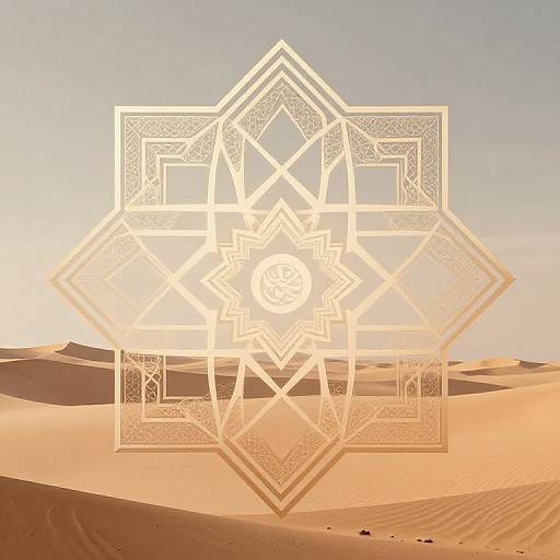 Photograph of a desert landscape with golden sand dunes under a clear sky, overlaid with a large, intricate geometric mandala design in white.