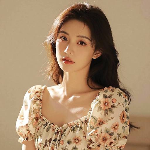 Photograph of an Asian woman with fair skin, long dark hair, wearing a floral, puffed-sleeve, off-the-shoulder dress