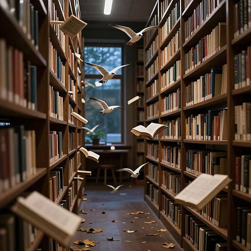 Photograph of a dimly lit library aisle with bookshelves on both sides, books flying through the air, and white birds in flight, with