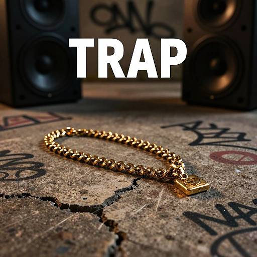 Photograph of a gold chain bracelet with a square clasp on graffiti-covered concrete, surrounded by black speakers, with bold 