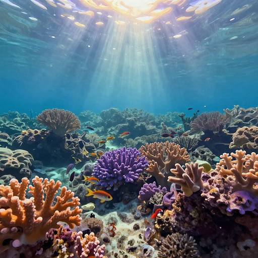 Photograph of vibrant underwater coral reef with sunlight filtering down, showcasing colorful corals, purple and orange branches, and small fish swimming amidst a blue ocean