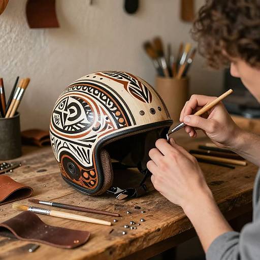 Photograph of a person with curly hair painting a detailed, tribal-patterned motorcycle helmet on a wooden table in a workshop.
