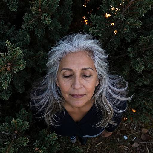 Photograph of a middle-aged woman with silver hair, closed eyes, and light skin, smiling gently amidst dark green pine branches with small glowing lights.