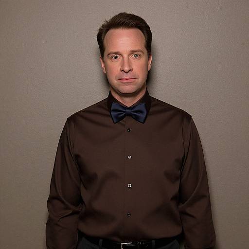 Photograph of a middle-aged man with short brown hair, wearing a black bow tie and black button-up shirt, standing against a plain gray background.