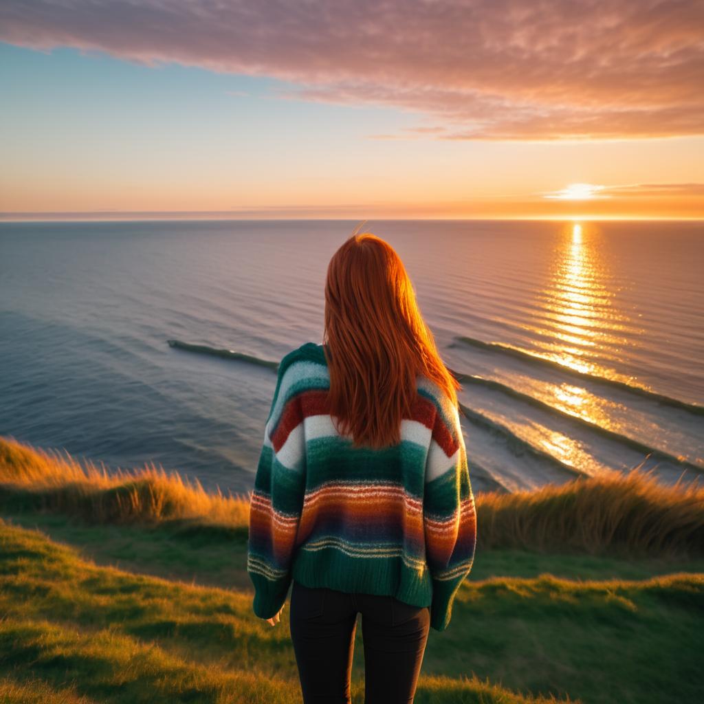 Teen Girl Watching Sunset by the Ocean