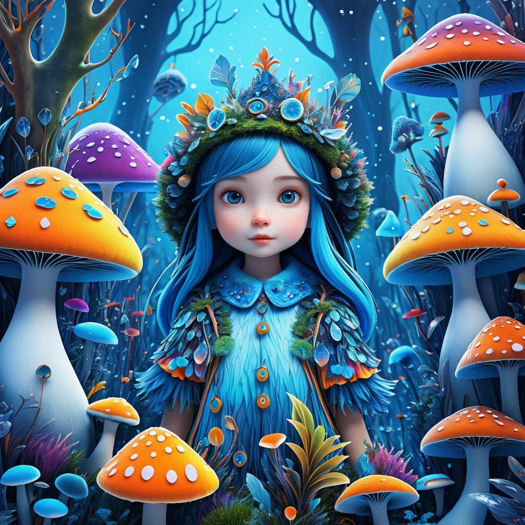 Whimsical Penguin Girl in Fungal Wonderland