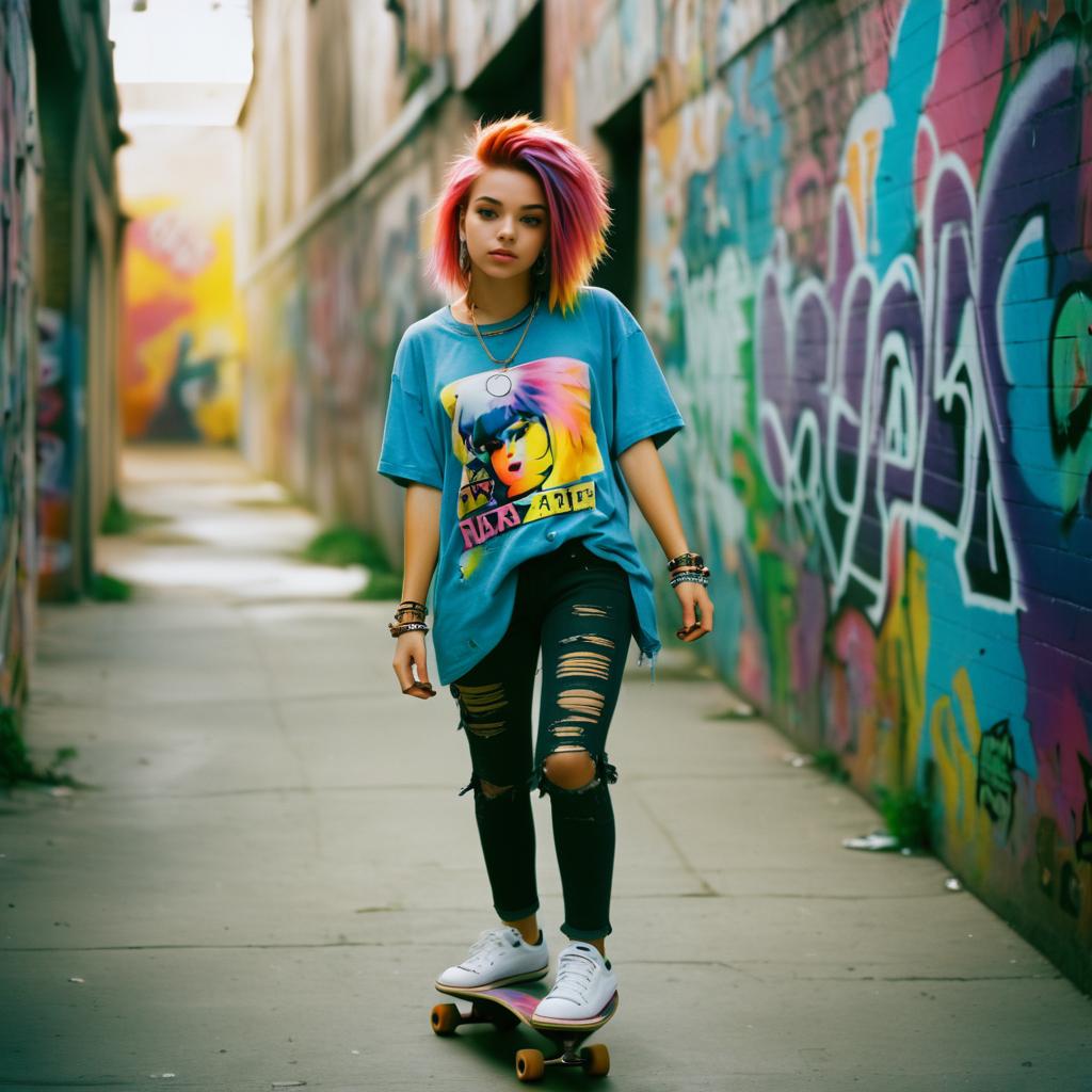 Cinematic Skateboarding Teen in Graffiti Alley