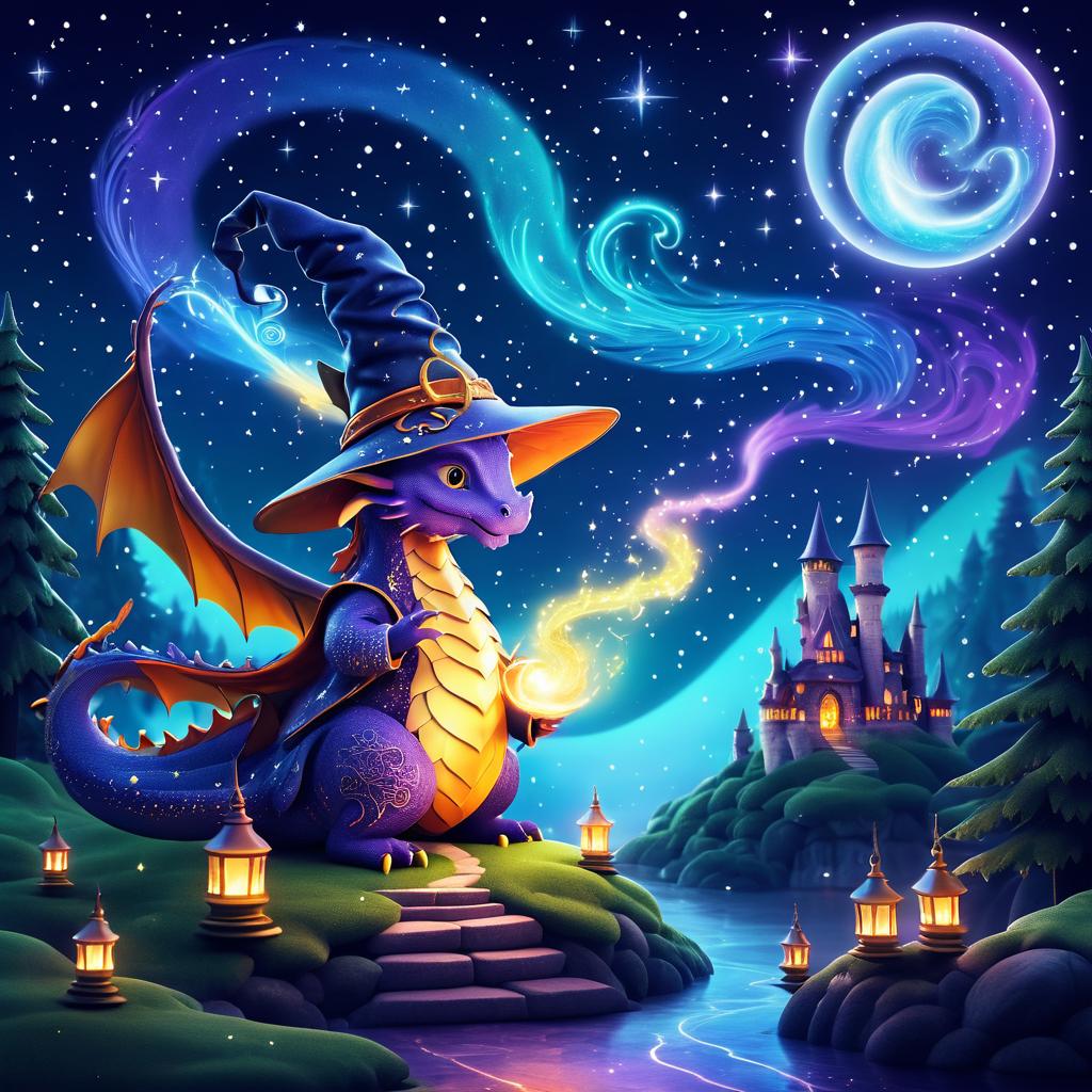 Magical Dragon Wizard Under Starry Sky