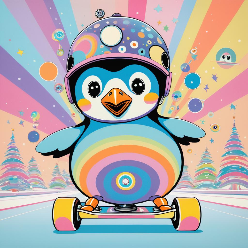 Retro Roller-Skating Penguin Art