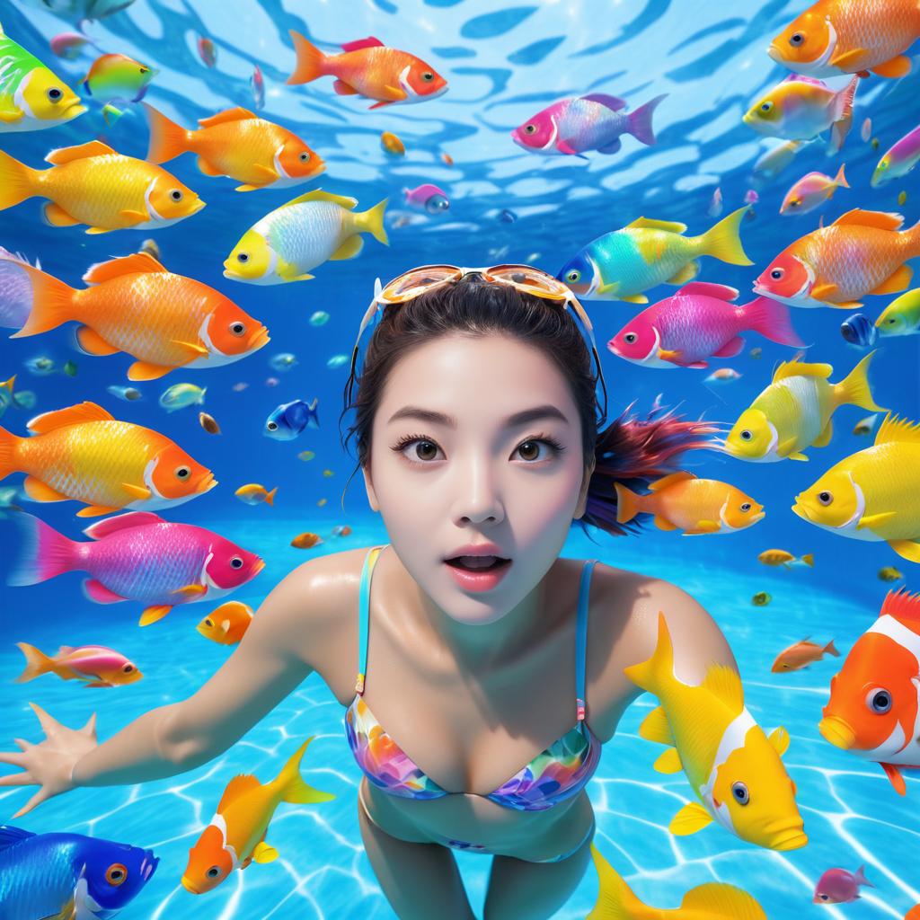 Amazed Woman Swimming with Colorful Fish