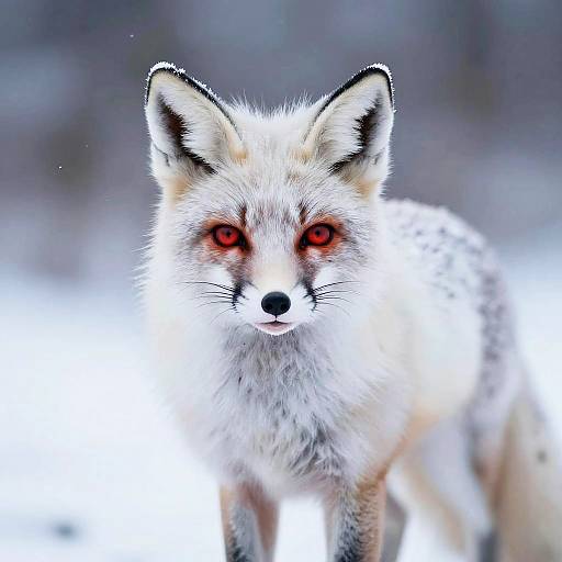 Photograph of a red-eyed, white and grey fox with black-tipped ears standing in a snowy, blurred forest background.