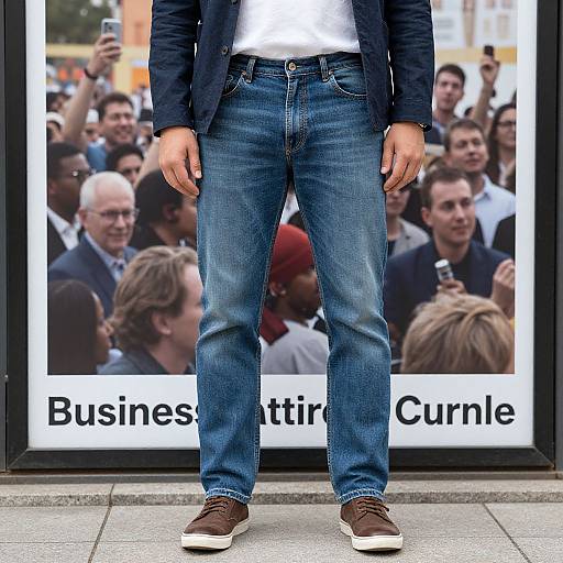 Photograph of a man's lower body in blue jeans and brown sneakers, standing in front of a 