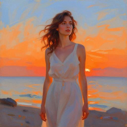 Digital painting of a young woman with wavy brown hair, wearing a white, sleeveless V-neck dress, standing on a beach at sunset with a