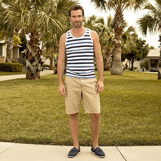 Photograph of a muscular, bearded man with short brown hair, wearing a blue and white striped tank top, beige shorts, and navy sneakers,