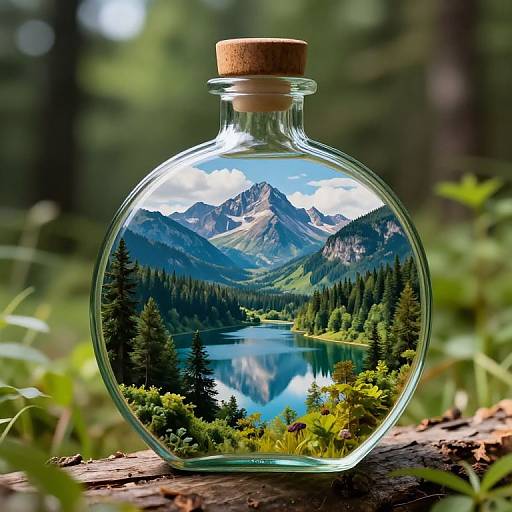 Photograph of a round glass bottle with a cork stopper, containing a miniature mountain landscape with a lake, forest, and reflections.