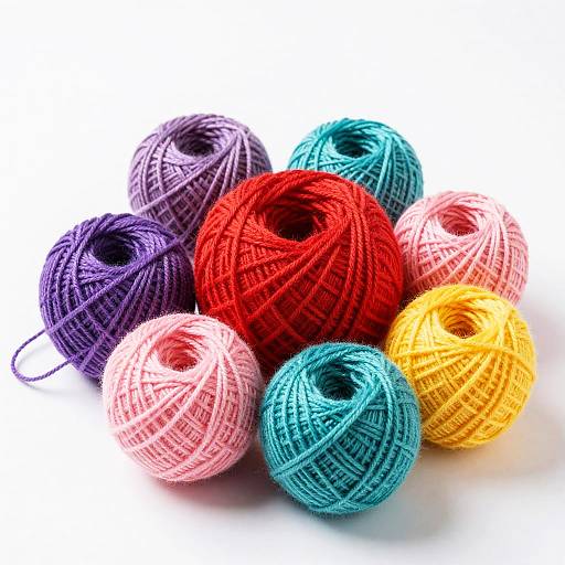 Photograph of eight colorful, tightly wound yarn balls in red, purple, pink, yellow, and blue, arranged on a white background.