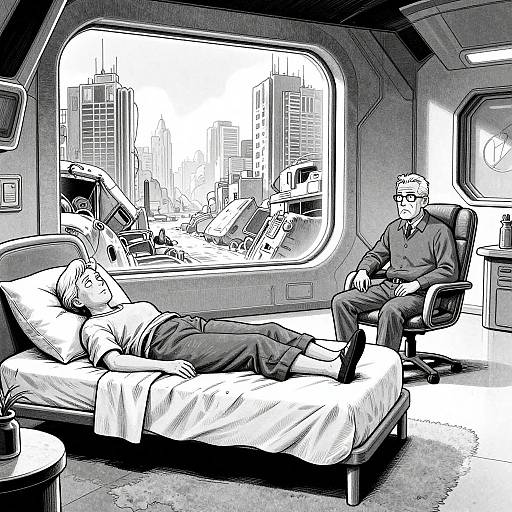 Black-and-white comic-style illustration: An elderly man in glasses sits in a futuristic spaceship, reading, while a younger person sleeps on a bed, overlooking