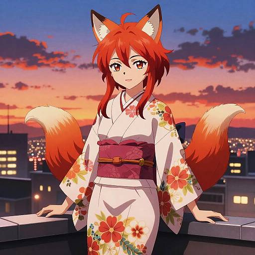 Anime-style digital drawing of a red-haired fox girl with large ears and multiple tails, wearing a white floral kimono, standing on a rooftop at sunset