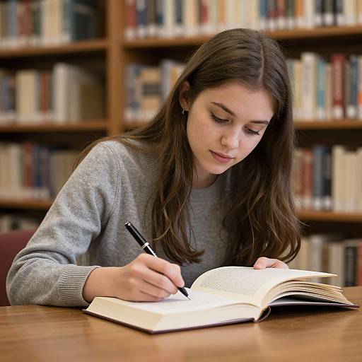 Photograph of a young woman with long brown hair, wearing a gray sweater, writing in an open book at a wooden table in a book-filled library