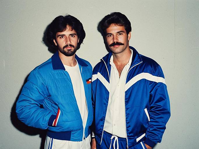 Photograph of two bearded men with mustaches, wearing blue and white jackets, standing against a plain light gray wall.