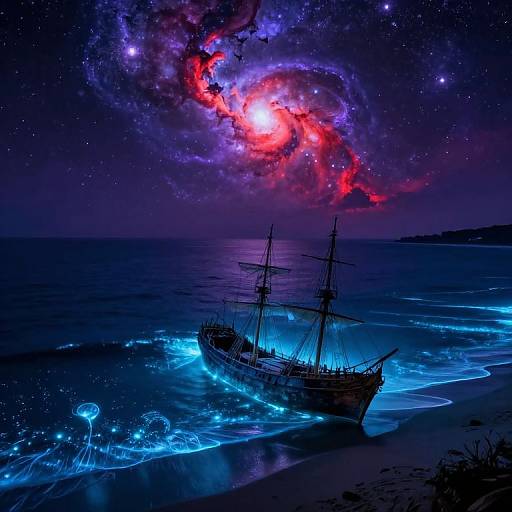 Digital art of a silhouetted ship on glowing blue shores under a vibrant, starry night sky with a colorful galaxy.