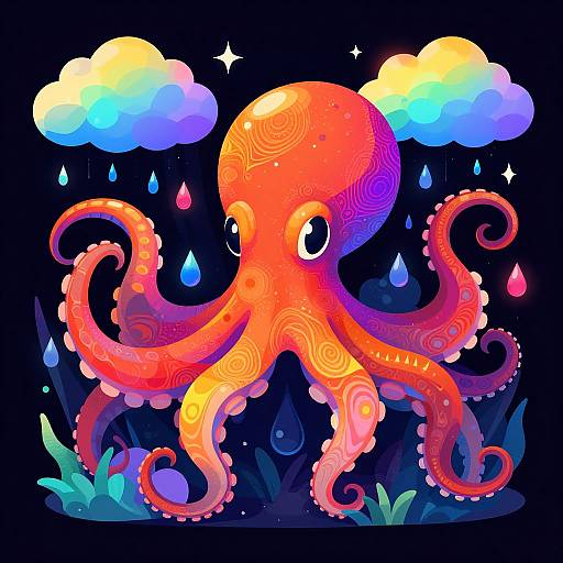 Vibrant digital illustration of a smiling, orange, patterned octopus with curled tentacles, surrounded by blue raindrops, yellow and blue clouds