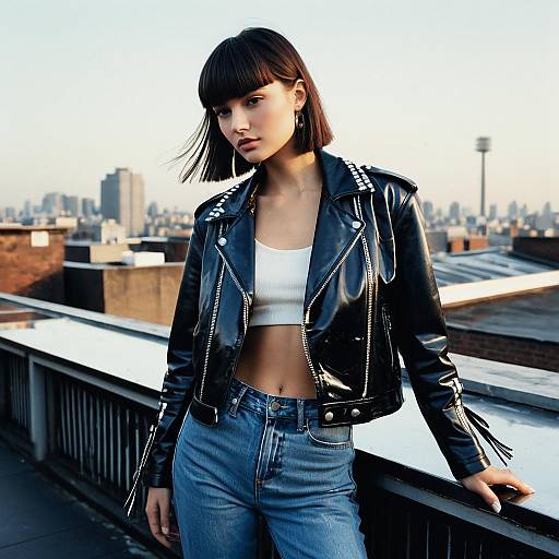 Fashion Model with Blunt Fringe Hairstyle on Rooftop