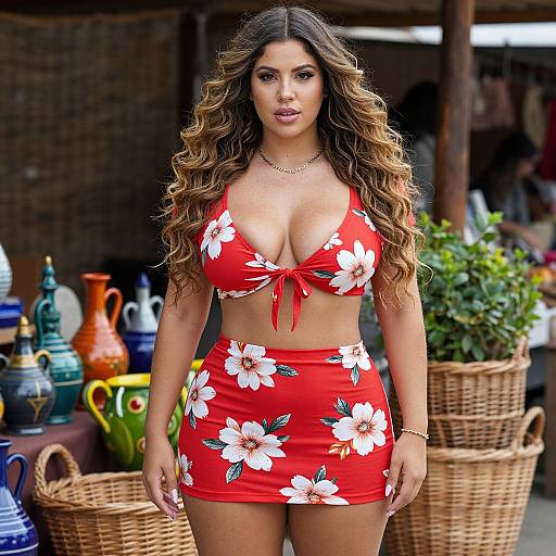 Curvy Woman in Vibrant Market Scene