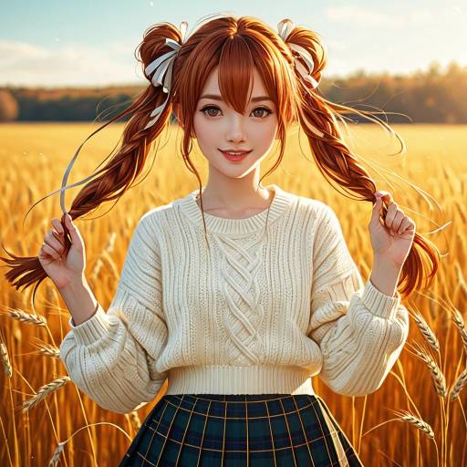 Cheerful Anime Girl in Wheat Field
