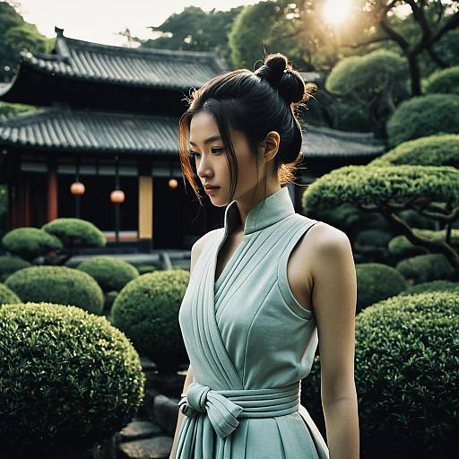 Woman with Samurai Knot Hairstyle in Traditional Tea Garden