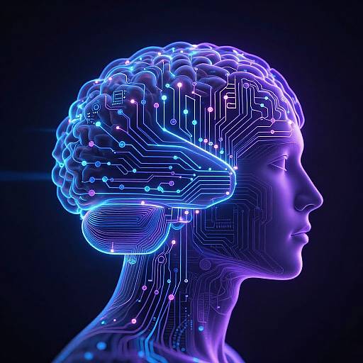 Digital illustration of a glowing, neon blue and purple human head profile with intricate, circuit-like neural patterns on a black background.