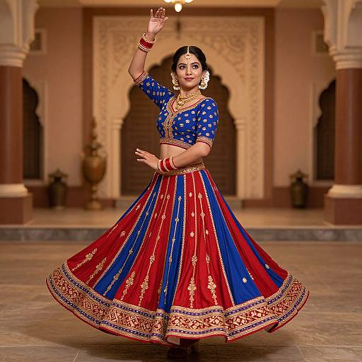 Indian bride in traditional blue and red lehenga with gold embroidery, performing a dance in an ornate, dimly-lit hall.