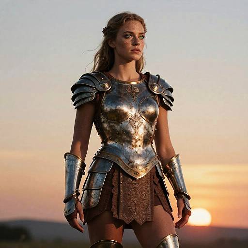 Photograph of a strong, blond-haired woman in shining silver medieval armor, standing against a sunset sky, with orange and pink hues.