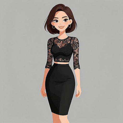 Digital illustration of a smiling woman with short dark brown hair, wearing a black lace crop top and high-waisted black skirt, standing against a light