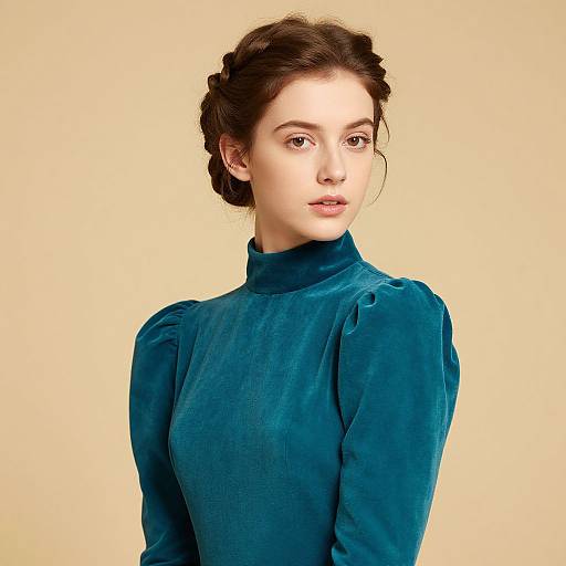 Photograph of a young woman with fair skin and brown hair in a braided updo, wearing a teal velvet turtleneck with puffed shoulders