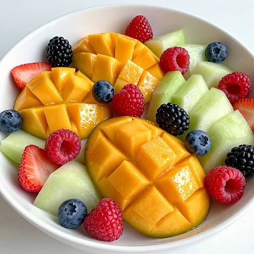 Photograph of a white bowl filled with vibrant, fresh fruit: yellow mango slices, green melon pieces, red raspberries, blackberries, and