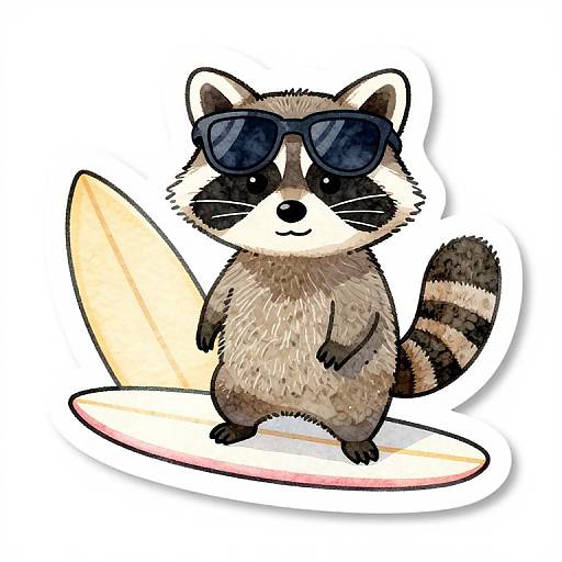 Cute cartoon raccoon in dark sunglasses standing on a surfboard, with a yellow surfboard behind it. Digital drawing style.