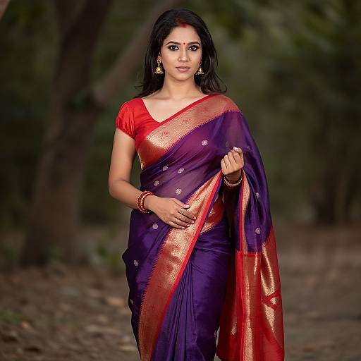 Photograph of a beautiful South Asian woman with dark hair, wearing a red and purple sari, gold jewelry, standing in a forest.